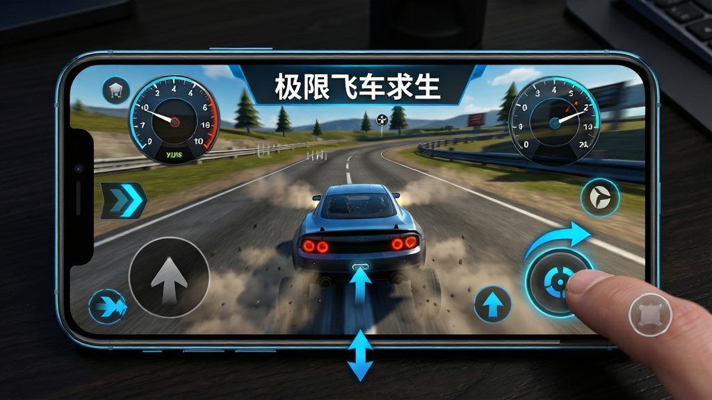 主体是一部智能手机横屏显示极限飞车求生游戏界面,画面中车辆正在漂移过弯,屏幕边缘有手指触控提示;布局为手机特写居中,背景为深色桌面;排版为教程类配图风格,带有箭头标注操作区域;风格为简洁科技风、蓝黑配色;细节包括手机边框反光、游戏内速度表、氮气按钮高亮、地面尘土;画质为4K超高清、干净无多余元素、屏幕中显示“极限飞车求生”
