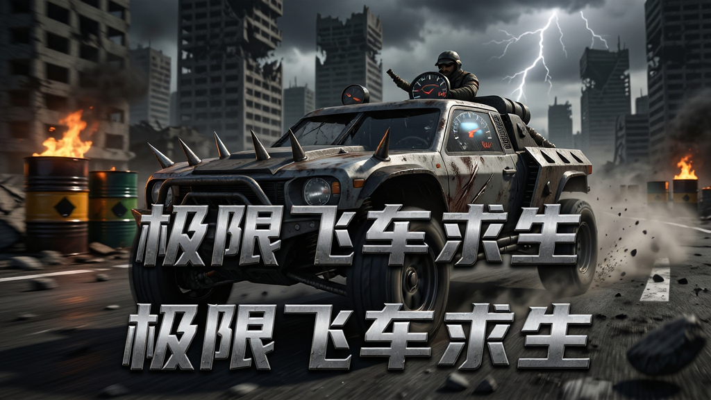 主体是一辆武装越野赛车在末日废墟城市中高速飞驰,车身带有尖刺和防护装甲,背景是坍塌的高楼和燃烧的油桶;布局采用对角线构图突出速度感,画面下方三分之一为赛道和飞溅的碎石;排版为横版16:9游戏宣传图风格;风格为写实3D渲染、暗黑末日色调、电影级光影;细节包括车身划痕、轮胎扬尘、远景闪电、仪表盘反光;画质为4K超高清、干净无多余元素、画面中央用金属质感字体写着“极限飞车求生”