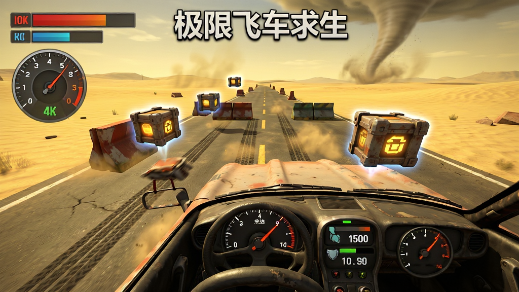 主体是一辆改装赛车在荒漠公路上同时躲避路障和拾取悬浮的补给箱,副驾驶位置显示燃油和装甲数值;布局为俯视45度角,赛道向远方延伸;排版为游戏UI界面截图风格,左上角有血条和速度表;风格为美式废土写实风、暖黄色沙尘色调;细节包括轮胎痕迹、补给箱发光、远处龙卷风、仪表盘指针;画质为4K超高清、干净无多余元素、画面中显示“极限飞车求生”游戏标题
