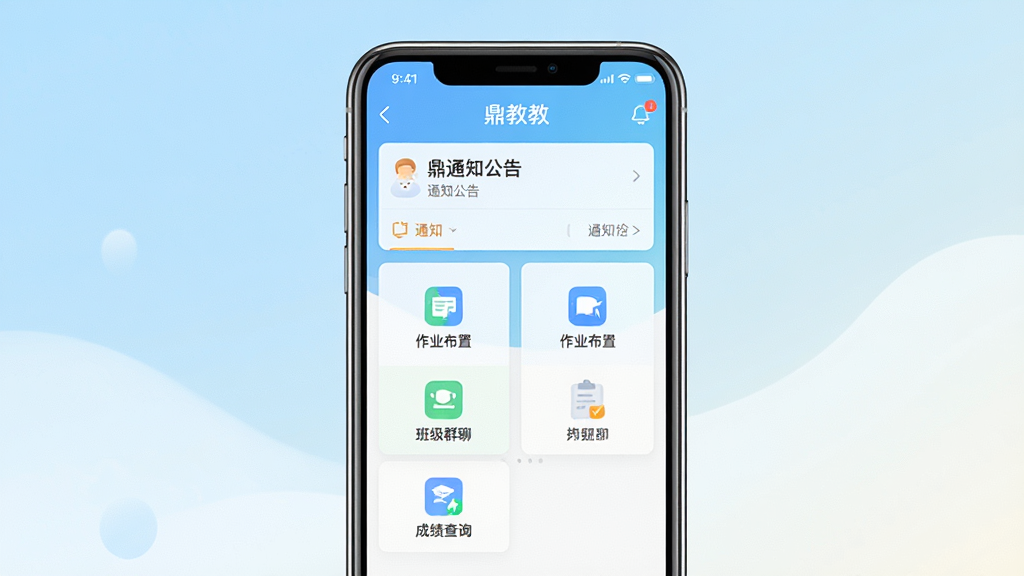 一张展示鼎教教应用核心功能的手机界面截图,画面中央是一部现代智能手机,屏幕上清晰呈现鼎教教应用的首页布局,包含通知公告、作业布置、班级群聊、成绩查询等模块图标,背景为明亮温馨的浅蓝色渐变,整体风格简洁清爽,排版整齐有序,细节精致,画质高清,干净无多余元素