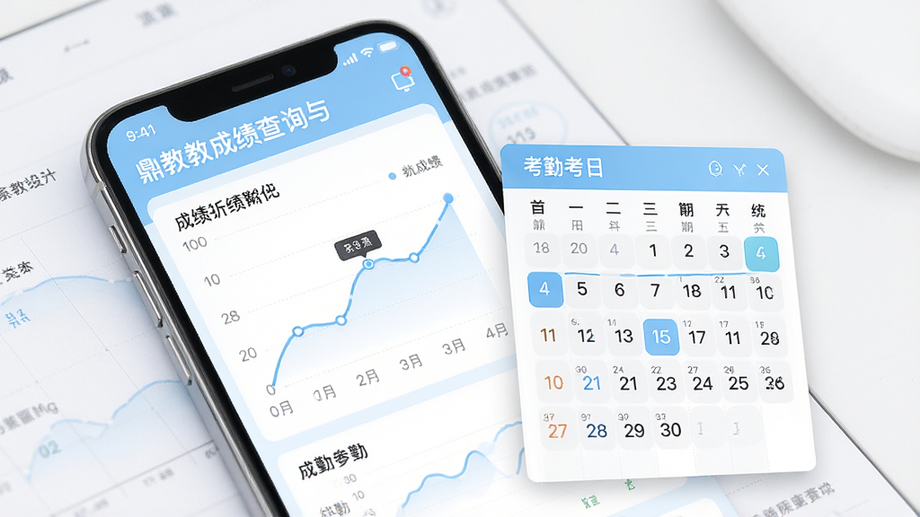 一张展示鼎教教成绩查询与考勤统计功能的界面图,画面主体为手机屏幕,屏幕上呈现成绩折线图和考勤日历视图,界面配色以浅蓝色和白色为主,风格商务简洁,布局清晰,细节精致,画质高清,干净无多余元素
