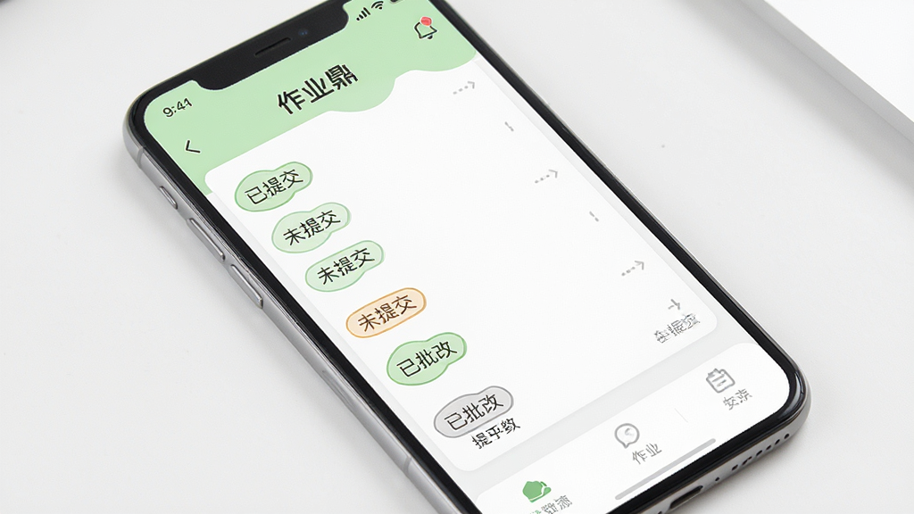 一张展示鼎教教作业管理功能的手机界面图,画面中央为手机屏幕,显示作业列表与提交状态,包含已提交、未提交、已批改等标签,界面风格清新简约,配色以白色和浅绿色为主,排版整齐,细节清晰,画质高清,干净无多余元素