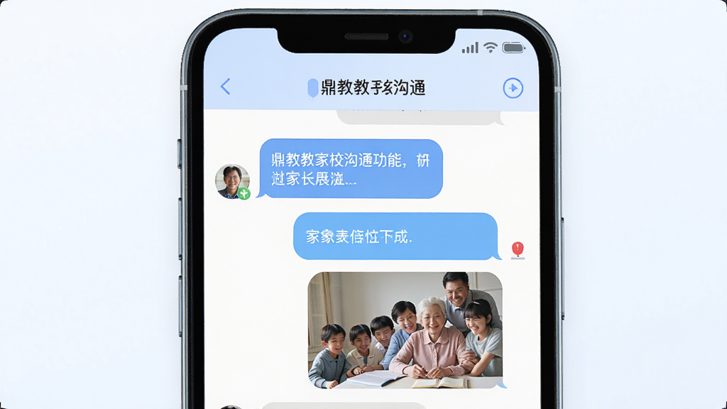 一张展示鼎教教家校沟通功能的界面示意图,画面主体为手机屏幕,屏幕上显示教师与家长之间的对话气泡,包含文字消息和图片分享,界面配色以柔和的蓝白色为主,布局清晰,风格现代简洁,细节丰富,画质高清,干净无多余元素