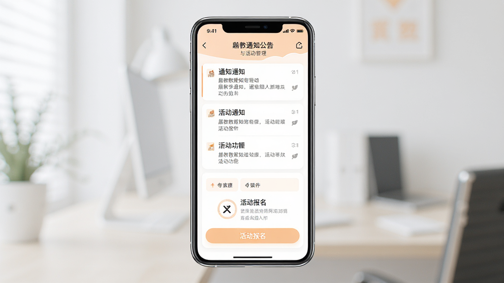 一张展示鼎教教通知公告与活动管理功能的手机界面图,画面中央为手机屏幕,显示通知列表与活动报名入口,界面风格清新明亮,配色以白色和淡橙色为主,排版有序,细节丰富,画质高清,干净无多余元素