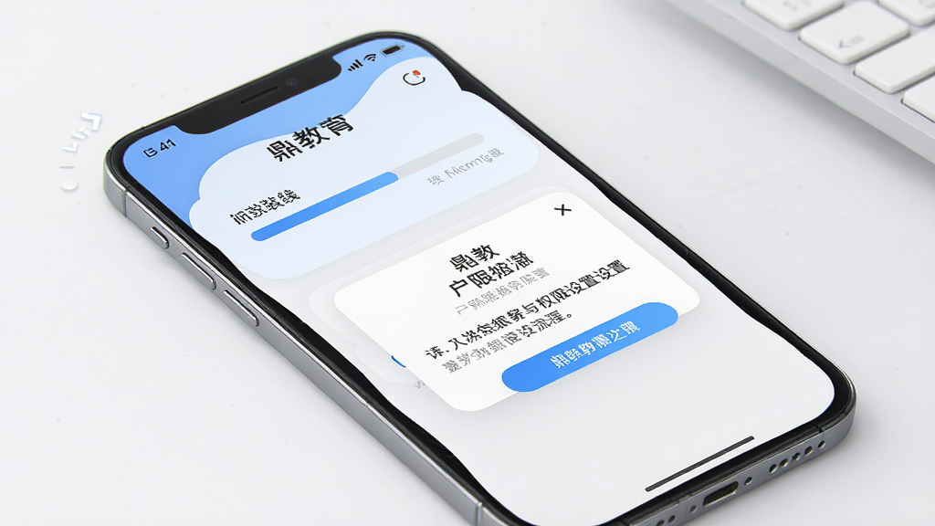 一张展示鼎教教在手机上安装与权限设置流程的示意图,画面主体为手机屏幕,屏幕上显示安装进度条与权限请求弹窗,界面风格简洁现代,配色以蓝白色为主,布局清晰,细节精致,画质高清,干净无多余元素