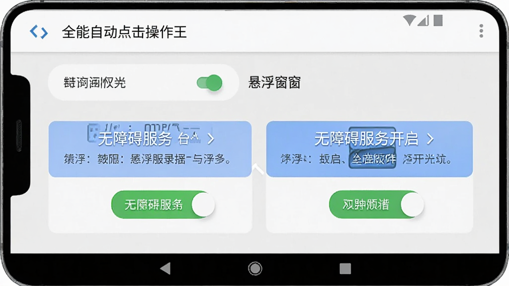 一部安卓手机展示“全能自动点击操作王”的设置向导界面,界面中高亮显示悬浮窗权限和无障碍服务开启步骤,背景为浅灰色,风格为教程演示,细节包括权限开关和提示文字,画质高清,干净,无多余元素
