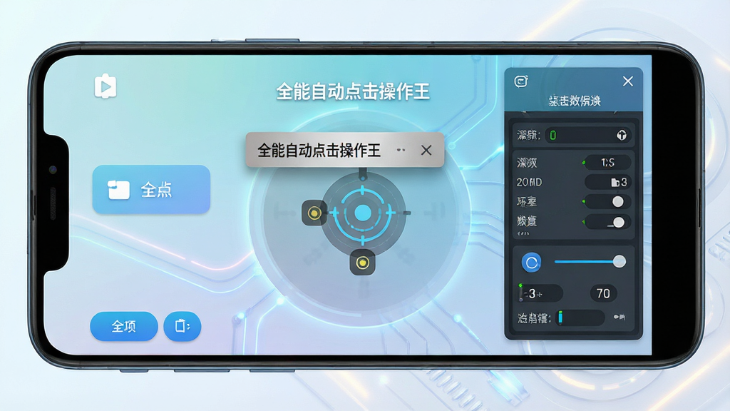 一张展示安卓手机屏幕的图片,屏幕中央显示“全能自动点击操作王”软件界面,界面中有悬浮窗和点击目标标记,背景是简洁的浅色渐变,风格为现代科技感,细节包括清晰的按钮和参数设置面板,画质高清,干净,无多余元素