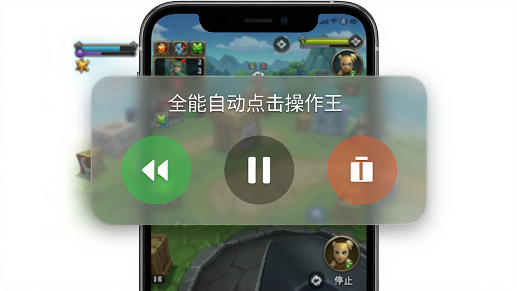 手机屏幕上显示“全能自动点击操作王”的悬浮窗控制条,悬浮窗位于屏幕边缘,包含开始、暂停、停止按钮,背景是正在运行的游戏画面,风格为实用工具展示,细节清晰可见悬浮窗的半透明效果,画质高清,干净,无多余元素