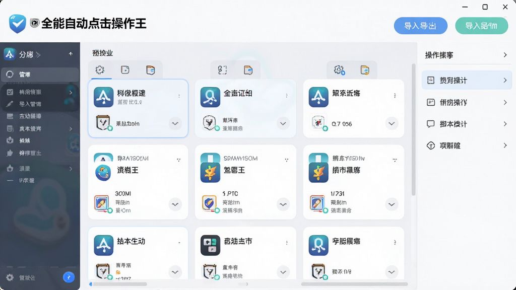 展示“全能自动点击操作王”脚本管理界面的图片,界面中有多个脚本卡片,每个卡片显示脚本名称和应用图标,顶部有导入导出按钮,风格为清新浅色,细节包括脚本列表和操作菜单,画质高清,干净,无多余元素
