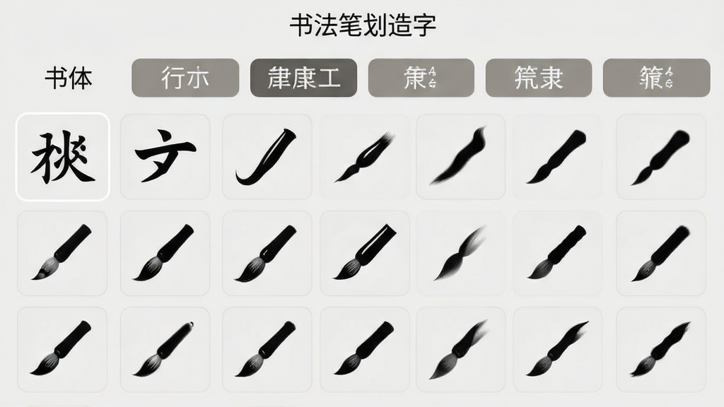 一款名为书法笔划造字的手机软件界面截图,主体是分类清晰的笔划素材库列表,布局为上下结构上方是书体分类标签下方是笔划缩略图网格,排版整齐,风格清新雅致,细节包含楷书行书隶书篆书标签、毛笔笔划缩略图、浅灰色背景,画质高清,干净,无多余元素