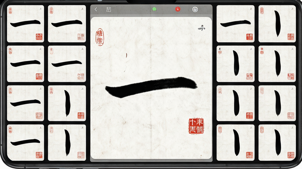 一张展示书法笔划造字软件界面的图片,主体是手机屏幕中显示毛笔书写的横竖撇捺笔划素材库,布局为中央大图展示笔划拼合过程,四周环绕笔划预览小图,排版采用左中右三分区,风格为简约中国风,细节包含宣纸纹理背景、墨色笔划、朱红印章点缀,画质高清,干净,无多余元素