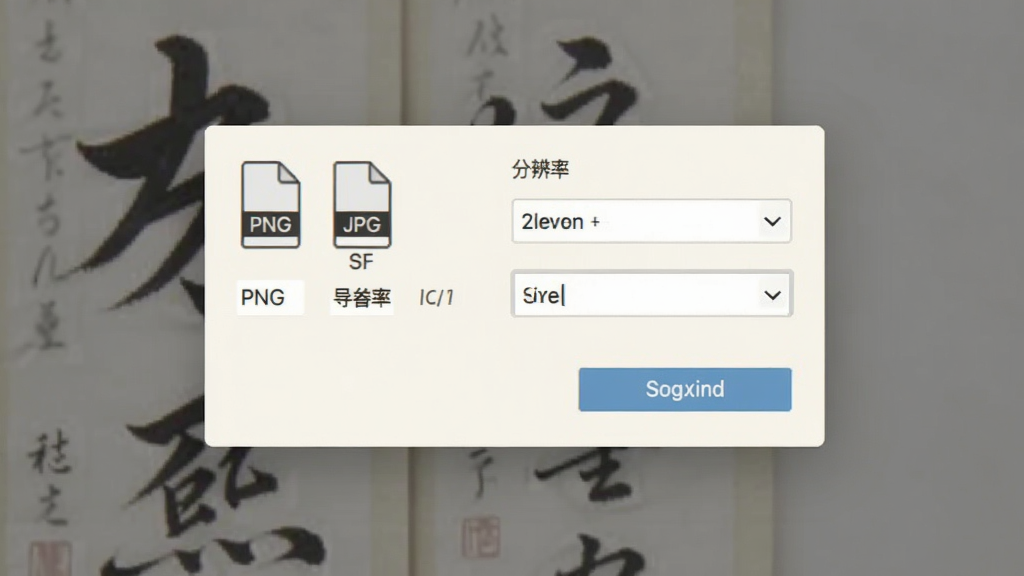书法笔划造字软件导出界面截图,主体是格式选择与分辨率设置弹窗,布局为居中模态窗口,排版清晰,风格简约浅色,细节包含PNG和JPG格式图标、分辨率下拉菜单、导出按钮,画质高清,干净,无多余元素
