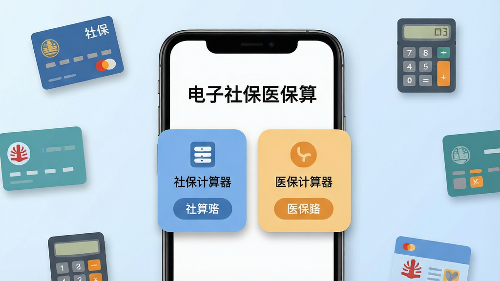 画面中央放置一部智能手机,手机屏幕上显示“电子社保医保算”应用主界面,界面中有社保计算器和医保计算器两个大按钮,背景是淡蓝色渐变,周围环绕着社保卡、医保卡、计算器等扁平化图标,布局简洁明了,风格为现代扁平化UI设计,细节包括按钮的圆角、图标的阴影,画质清晰,干净,无多余元素