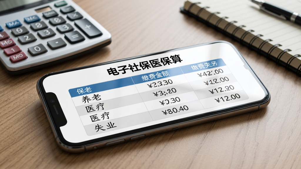 一部手机横屏展示,屏幕上显示“电子社保医保算”的社保计算结果页面,表格中列出养老、医疗、失业等险种的缴费金额,数字清晰可见,背景是办公桌面,旁边放着计算器和笔记本,风格为写实科技风,细节包括屏幕反光和桌面纹理,画质高清,干净,无多余元素