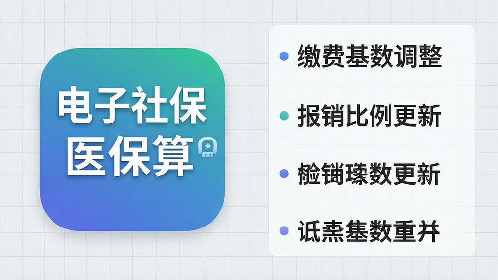一张信息图表风格的插画,画面左侧是“电子社保医保算”应用图标,右侧是政策资讯列表,列表项包括“缴费基数调整”“报销比例更新”等文字,背景是浅灰色网格,风格为商务信息图,细节包括图标渐变和文字排版,画质清晰,干净,无多余元素