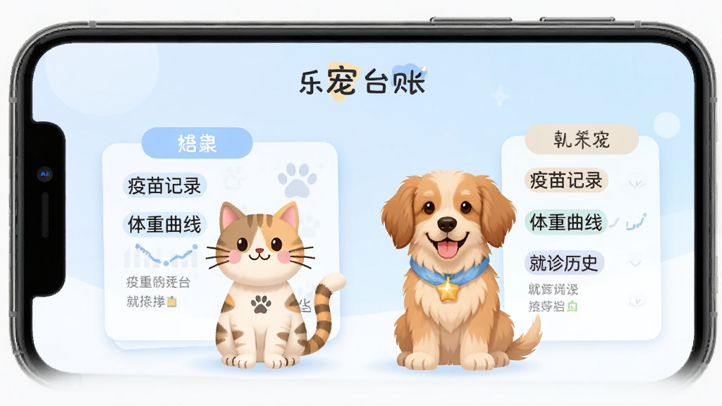一款名为“乐宠台账”的手机应用界面,画面中央是两只宠物的卡通形象,一只猫一只狗,分别站在各自的档案卡片旁边,卡片上有“疫苗记录”“体重曲线”“就诊历史”等文字标签,背景是淡蓝色渐变,风格扁平化设计,细节精致,画质高清,干净无杂乱