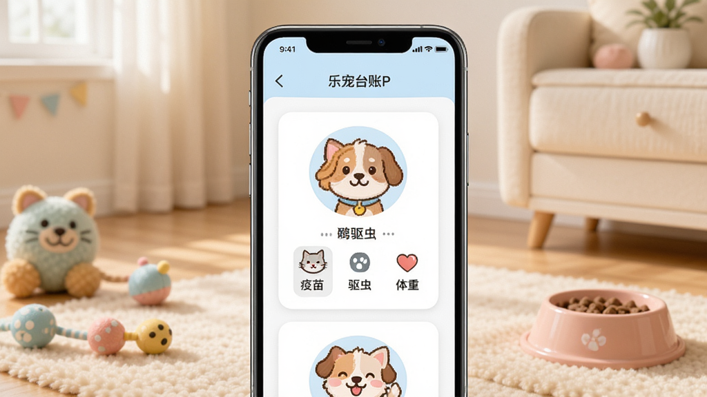 一张展示智能手机屏幕的图片,屏幕上打开着乐宠台账APP的主界面,界面中显示宠物猫咪和狗狗的卡通头像档案卡片,卡片上标注着疫苗、驱虫、体重等图标,背景是温馨的居家环境,有宠物玩具和食盆,整体风格清新明亮,画质清晰,干净整洁,无多余元素