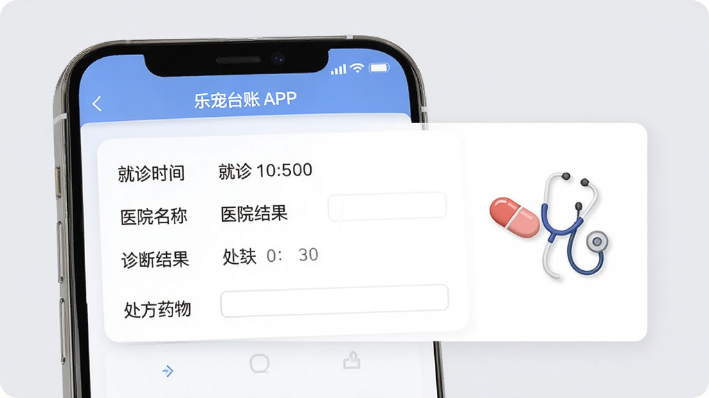乐宠台账APP的就诊记录界面,画面中手机屏幕上显示一份宠物病历卡片,卡片上有“就诊时间”“医院名称”“诊断结果”“处方药物”等字段,旁边有药丸和听诊器的小图标,背景是浅灰色,风格专业简洁,画质高清,干净整洁