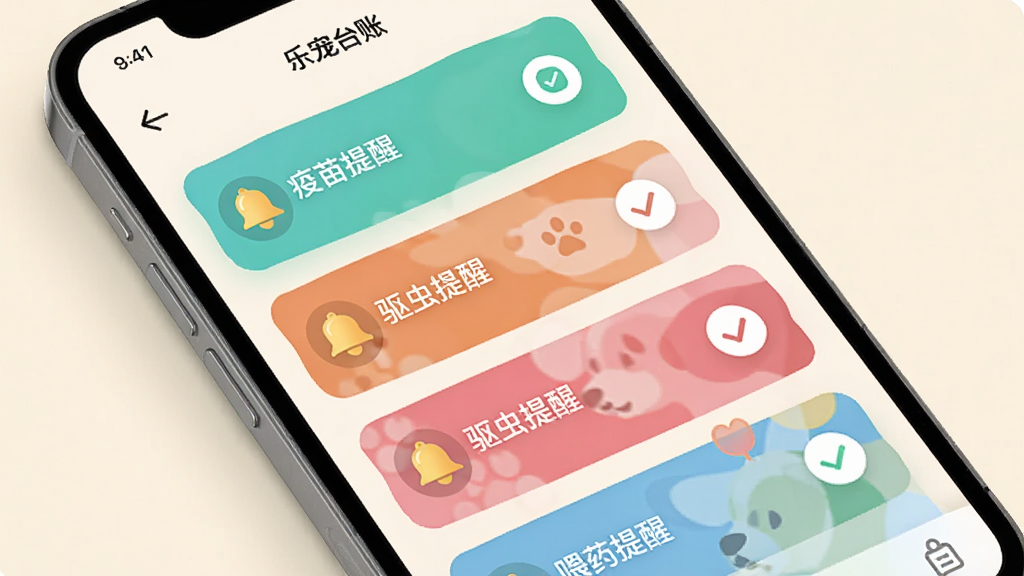 乐宠台账APP的提醒界面截图风格图片,画面中显示手机屏幕上有多个彩色提醒卡片,分别写着“疫苗提醒”“驱虫提醒”“喂药提醒”,卡片旁边有铃铛图标和勾选按钮,背景是柔和的米白色,界面布局清晰,风格简约现代,画质细腻,干净无多余装饰