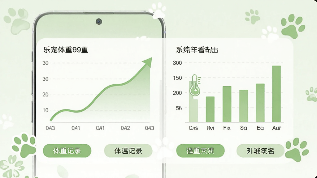 乐宠台账APP的数据统计页面示意图,画面中展示手机屏幕上有一条上升的体重曲线图和一组柱状图,图表下方有“体重记录”“体温记录”等文字标签,旁边有宠物爪印装饰,整体色调为浅绿色和白色,风格清新自然,画质清晰,布局整齐,无多余元素