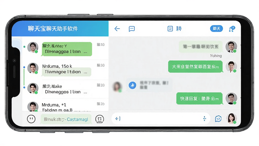 一张展示聊天宝客服聊天助手软件界面的图片,主体为一部安卓手机屏幕,屏幕中显示聊天宝客服聊天助手的主界面,布局为左侧消息列表右侧聊天窗口,排版简洁清晰,风格为现代科技感UI设计,细节包括聊天气泡、快捷回复按钮、联系人头像,画质高清干净无多余元素