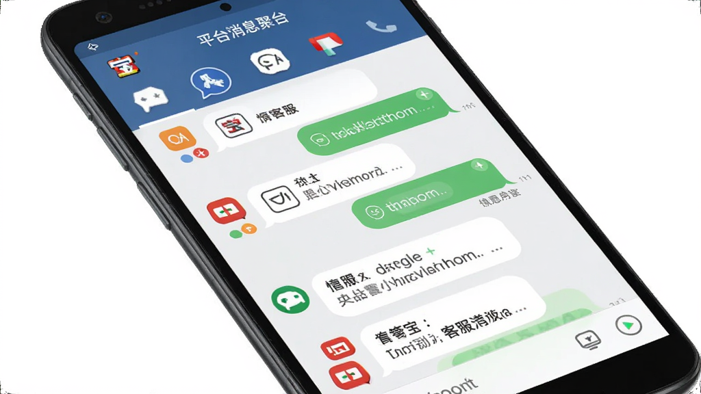一部安卓手机屏幕展示聊天宝客服聊天助手多平台消息聚合界面,布局为顶部标签栏切换不同平台底部为统一消息流,风格简洁商务,细节包括平台图标消息气泡未读标记,画质高清干净无多余元素