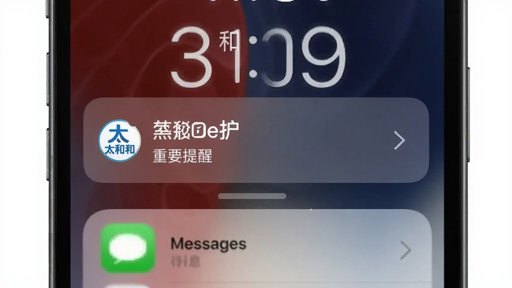 一部手机锁屏界面弹出“太和e护”重要提醒横幅,横幅文字清晰,背景为深色渐变,手机下方有消息列表图标,整体风格为现代移动端UI展示,画质干净,无多余元素