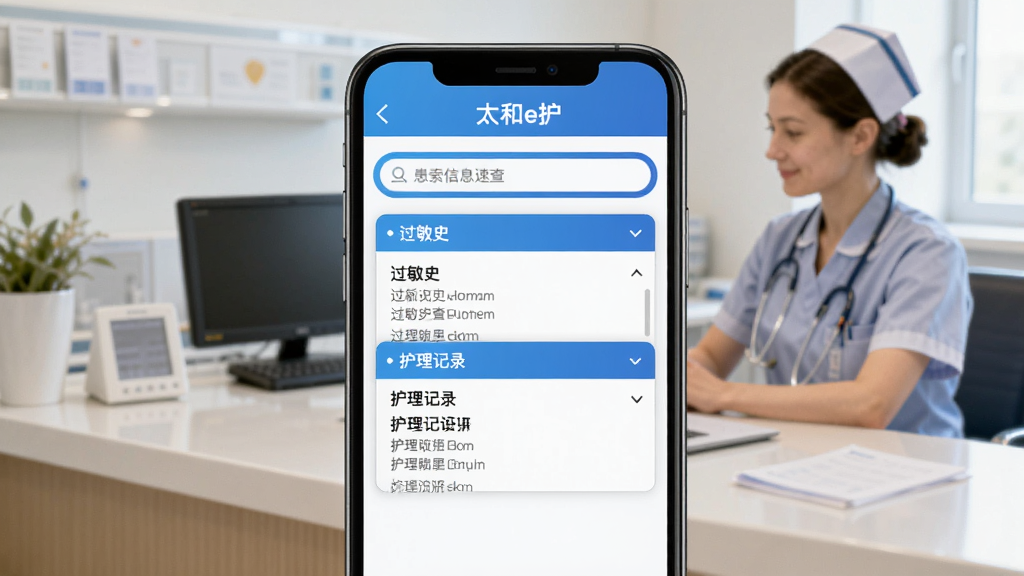 手机屏幕展示“太和e护”患者信息速查页面,搜索框位于顶部,下方折叠面板展开显示过敏史与护理记录,界面配色为蓝白相间,背景为护士站桌面场景,光线柔和,画质清晰,无多余元素