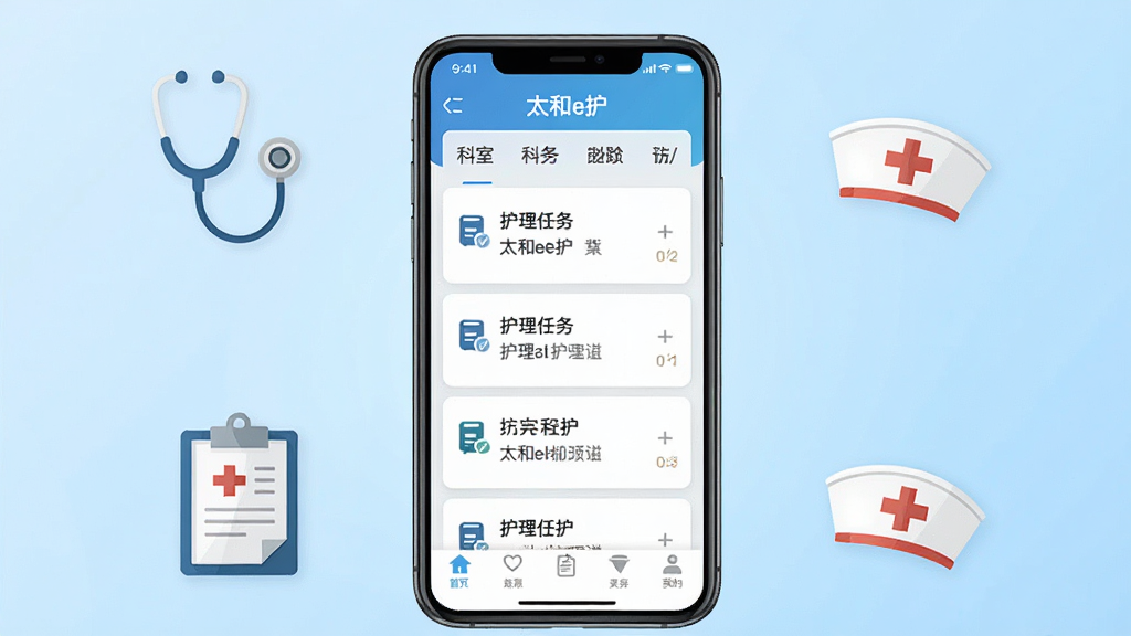 画面中央一部智能手机,屏幕显示“太和e护”应用主界面,界面布局为顶部科室名称、中部护理任务卡片列表、底部导航栏;手机周围环绕简洁的医疗元素图标如听诊器、病历夹、护士帽;背景为浅蓝色渐变,风格为扁平化科技感,细节干净无杂乱,画质清晰,无多余元素