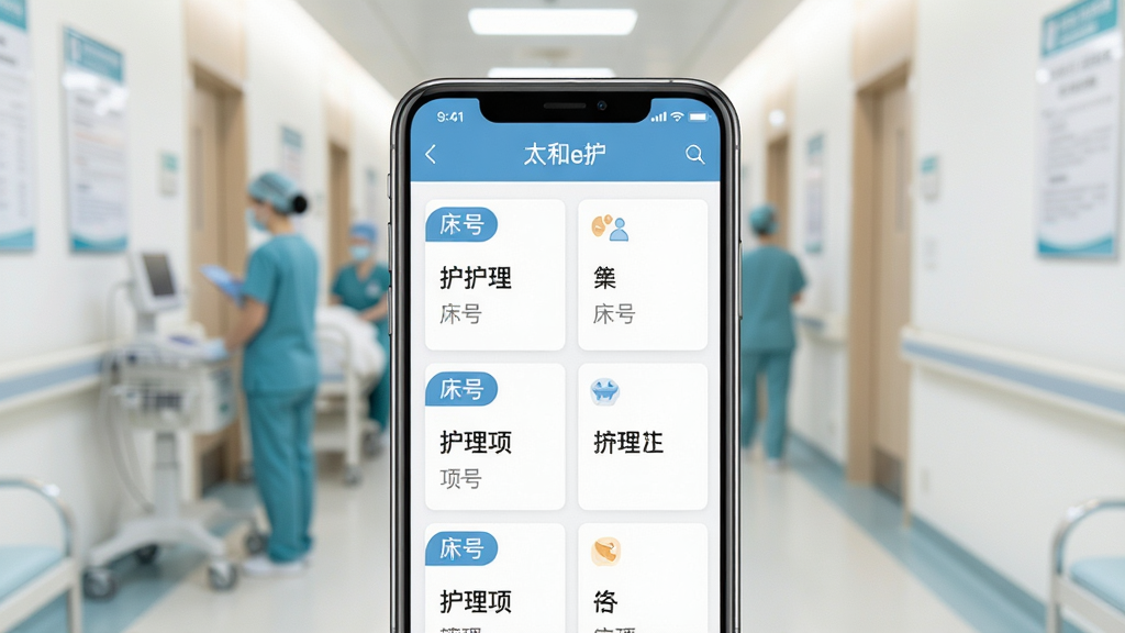 一部手机屏幕显示“太和e护”护理任务看板界面,卡片列表清晰排列,每张卡片带有床号与护理项目文字,界面风格简洁明亮,背景为医院走廊虚化场景,主体突出手机屏幕内容,画质干净,无多余元素