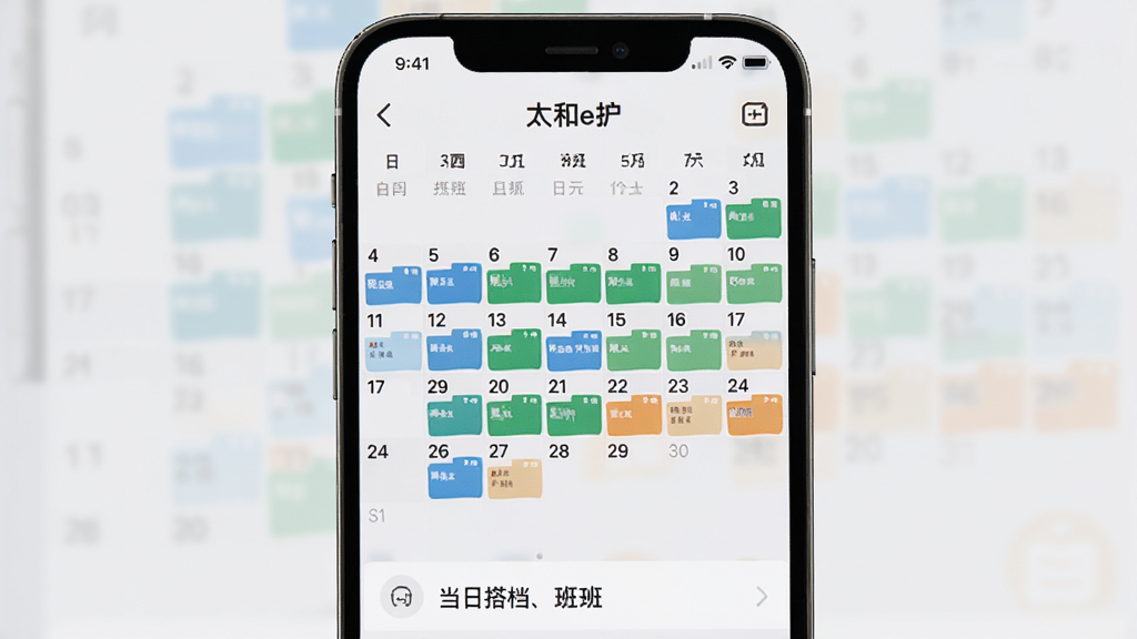 手机屏幕显示“太和e护”排班日历界面,月历中不同日期用蓝绿橙色块标注班次,下方显示当日搭档人员姓名,背景为浅灰色,界面风格清爽,画质清晰,无多余元素