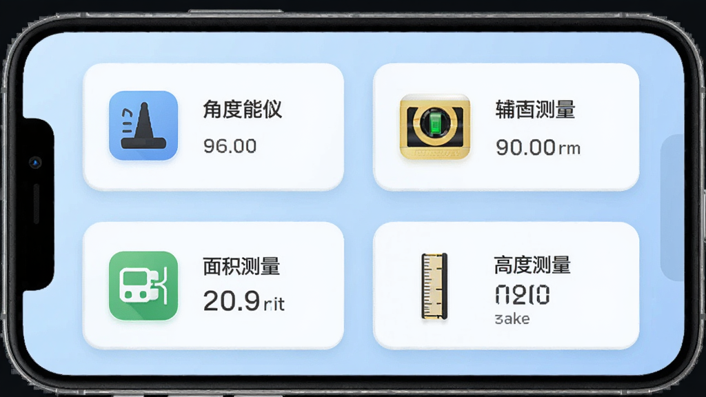 测量全能王 多功能工具集合界面,手机屏幕分成四个区域,分别显示角度仪、水平仪、面积测量、高度测量的图标和简要界面,背景为淡蓝色渐变,风格为简约卡片式设计,细节精致,画质干净