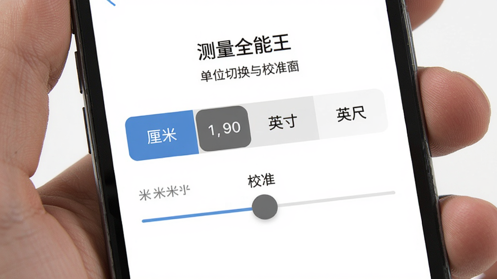 测量全能王 单位切换与校准界面,手机屏幕显示设置菜单,有厘米、米、英寸、英尺的切换按钮,以及一个校准滑动条,背景为纯白色,风格为极简商务风,细节清晰,画质锐利,无多余装饰