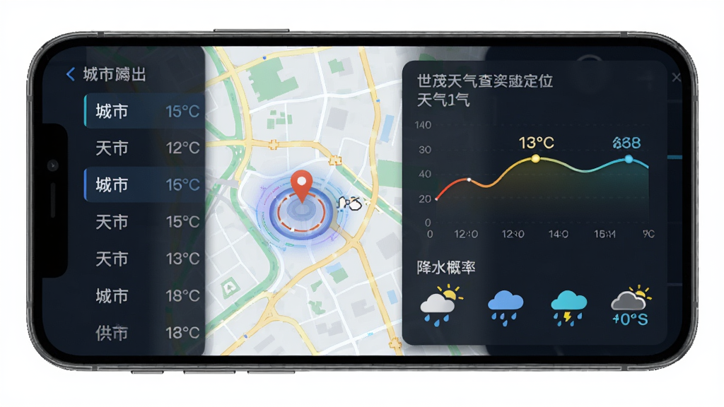 世茂天气查询实时定位功能示意图,画面主体为手机屏幕显示地图定位点与天气数据面板,布局为上下结构,排版左侧为城市列表右侧为天气详情,风格科技感十足,细节包括温度曲线和降水概率图标,画质清晰,干净无多余元素