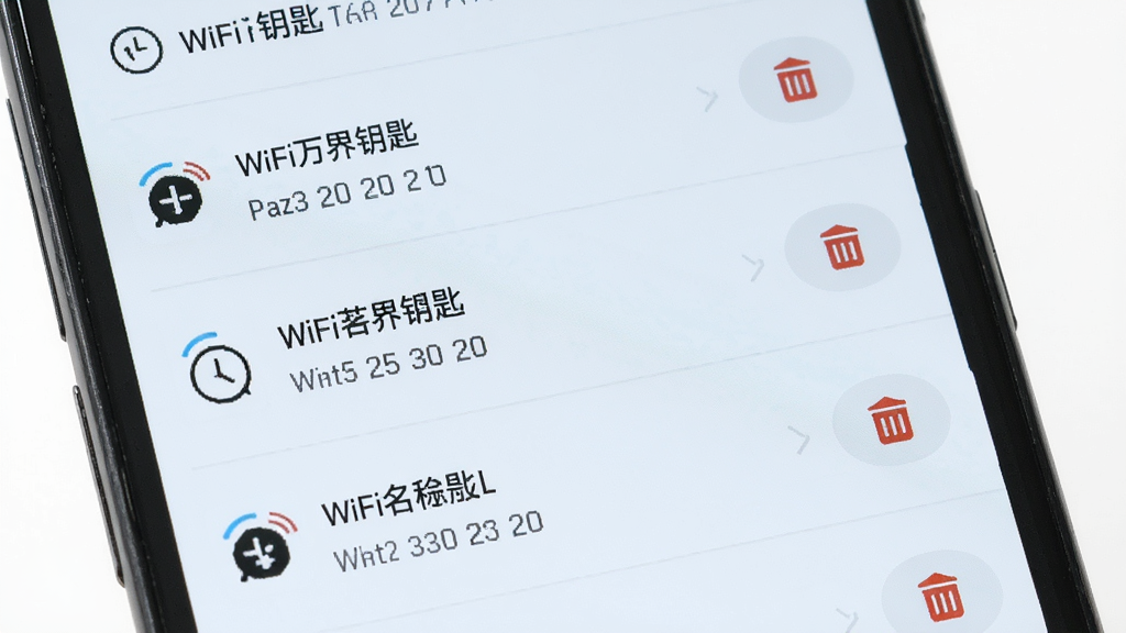 ����Ϊ�ֻ���ĻչʾWiFi���Կ�׵�������ʷ�б�������Ϊ�����б���ʽ��ÿ����¼����WiFi����������ʱ�䣻�Ű����룻���Ϊ��ˬǳɫ��ϸ�ڰ����б��ָ��ߡ�ʱ��ͼ�ꡢɾ����ť�������������ɾ����޶���Ԫ��