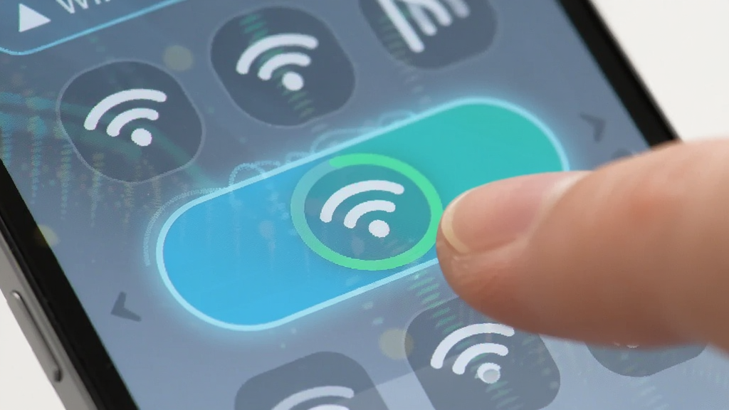 ����Ϊ��ָ����ֻ���Ļ�ϵ�WiFi���Ӱ�ť������Ϊ�ֻ�����ֲ��Ŵ󣬰�ť�����Ӿ����ģ��Ű�Ϊ����չʾ�����Ϊ�������£�ϸ�ڰ�����ť����Ч�������ӽ��Ȼ����ܱ�WiFiͼ�ꣻ�����������ɾ����޶���Ԫ��