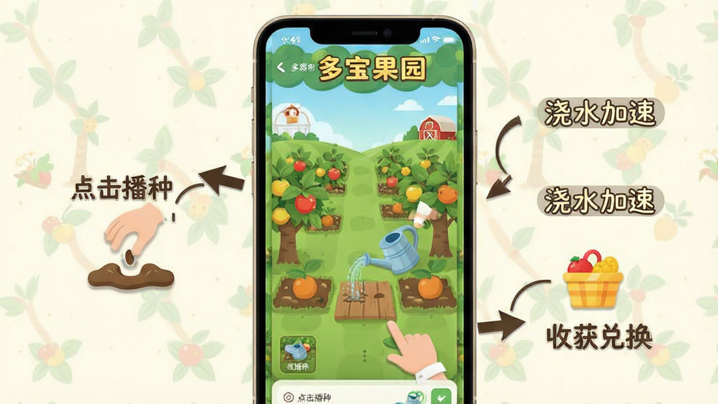 一张展示多宝果园新手操作指引的图片,画面中手机屏幕显示果园界面,旁边有箭头标注“点击播种”“浇水加速”“收获兑换”等步骤说明,背景简洁浅色,排版清晰易读,风格扁平化,画质干净无杂乱元素,图中带有“多宝果园”文字