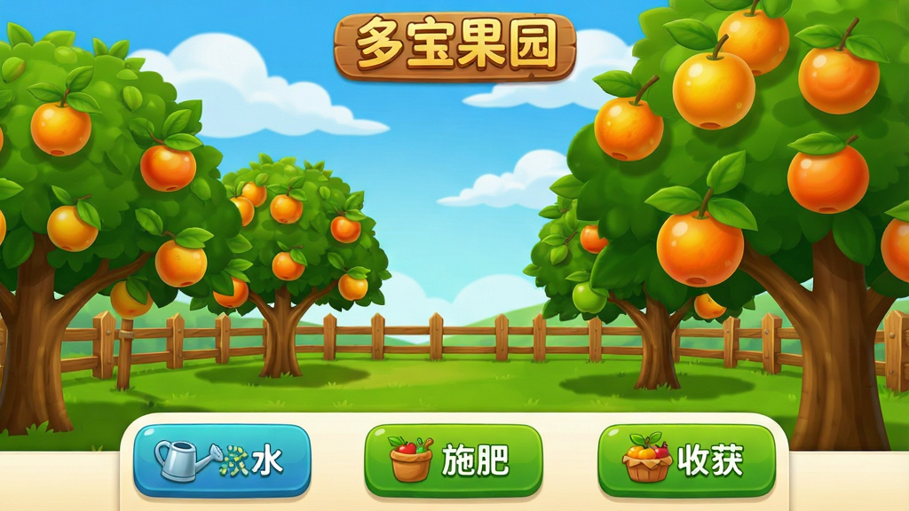 一张展示多宝果园应用主界面的图片,画面中央是郁郁葱葱的虚拟果园,果树上挂满成熟果实,背景是蓝天白云和木质围栏,界面下方排列着浇水、施肥、收获等操作按钮,整体风格清新明快,色彩鲜艳饱满,画质清晰干净,无多余元素,图中带有“多宝果园”文字标识