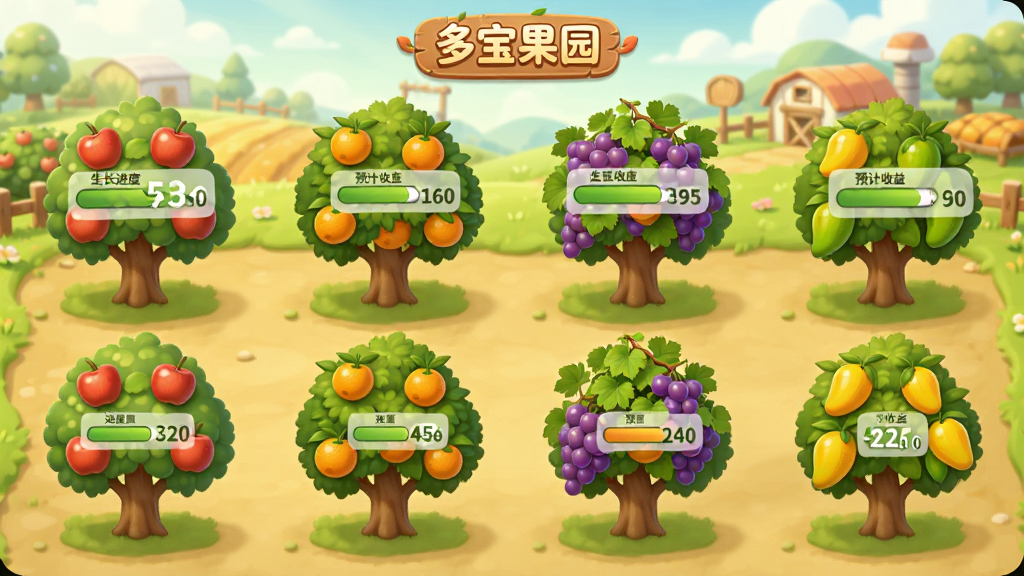 多宝果园应用内展示多种果树种植界面的图片,画面中整齐排列着苹果树、橙子树、葡萄藤和芒果树,每棵树上都标注着生长进度条和预计收益数值,背景是卡通风格的农场场景,色彩柔和温暖,布局清晰有序,画质细腻干净,图中带有“多宝果园”文字标识