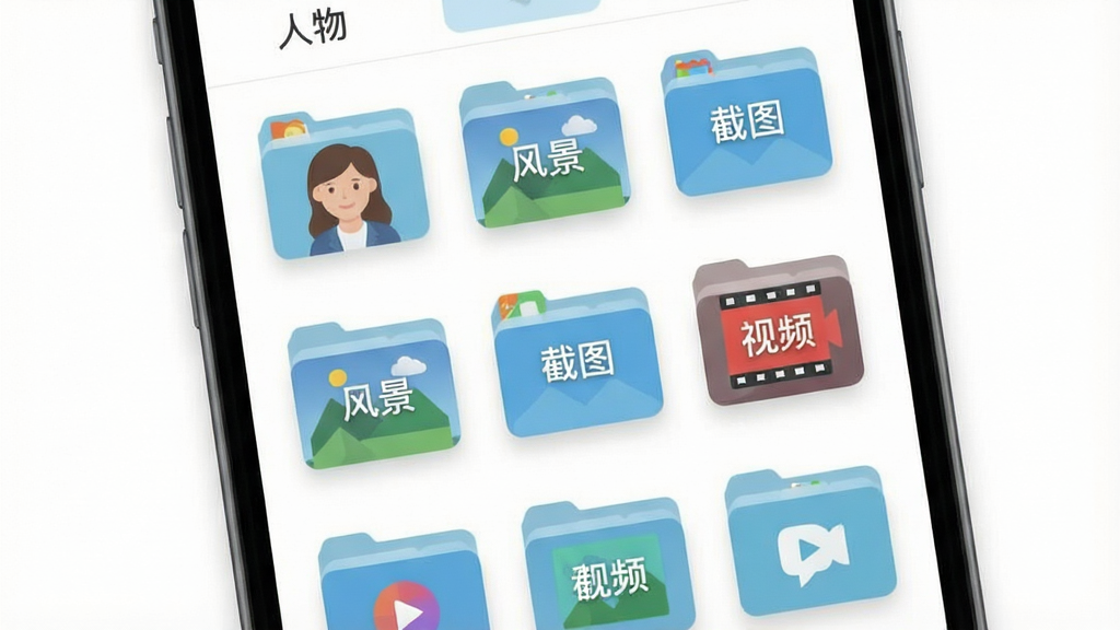 手机照片相册管家智能分类功能展示,画面中央是手机屏幕,屏幕上显示多个照片分类文件夹,标注为“人物”“风景”“截图”“视频”等文字标签,布局为网格状排列,排版整齐,风格为扁平化UI设计风,细节上文件夹带有轻微阴影和圆角,背景为白色,画质清晰,画面干净,无多余元素
