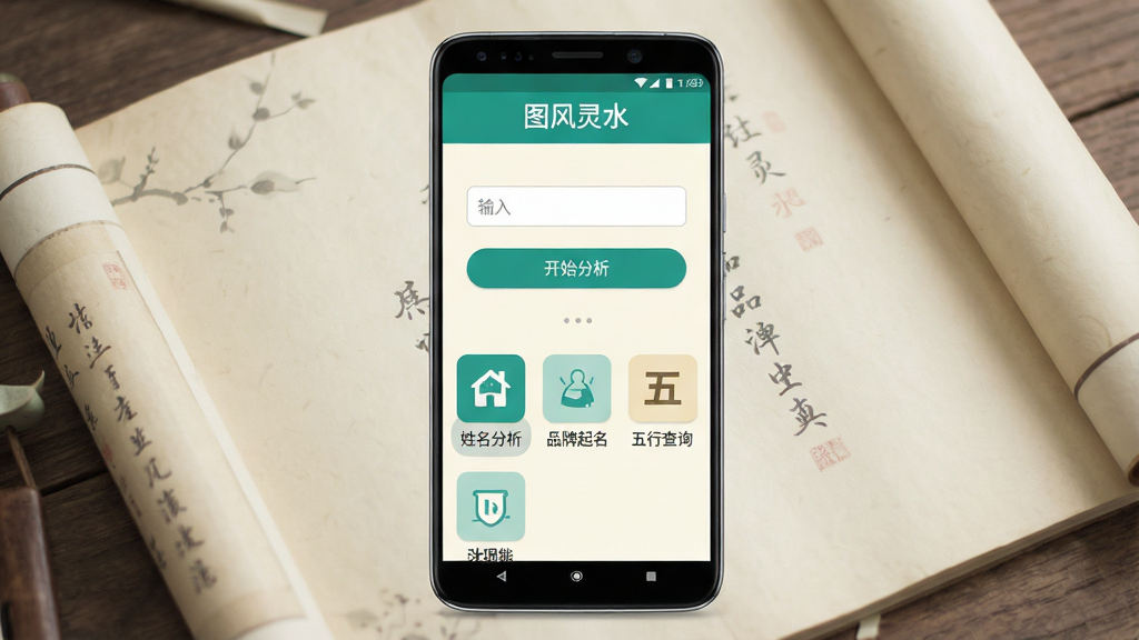 一张展示图风灵水软件主界面的手机应用截图风格图片,画面中央是一部竖屏安卓手机,屏幕内显示图风灵水App的首页界面,顶部有“图风灵水”文字标识,中间是姓名输入框与“开始分析”按钮,下方排列姓名分析、品牌起名、五行查询等功能入口图标,整体配色以青绿色与米白色为主,风格简洁清新,背景为淡雅的书卷纹理,画质清晰,干净,无多余元素