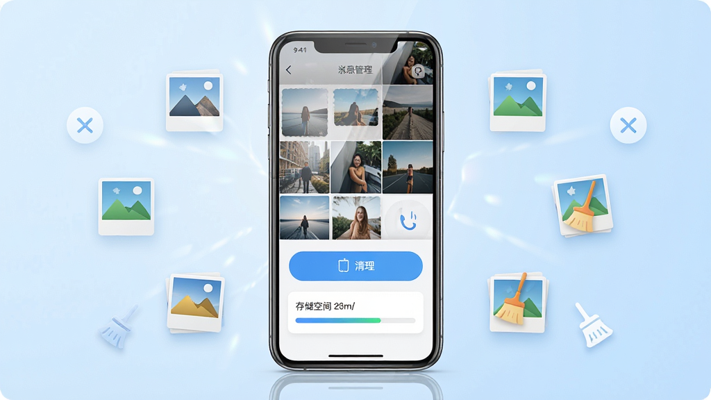 手机照片相册管家应用主界面展示,画面中央是一部智能手机,屏幕显示相册管理界面,包含照片分类、清理按钮和存储空间进度条,周围环绕着照片图标和清理符号,布局为居中构图,排版清晰,风格为现代科技简约风,细节上手机屏幕有反光质感,背景为浅蓝色渐变,画质高清,画面干净,无多余元素