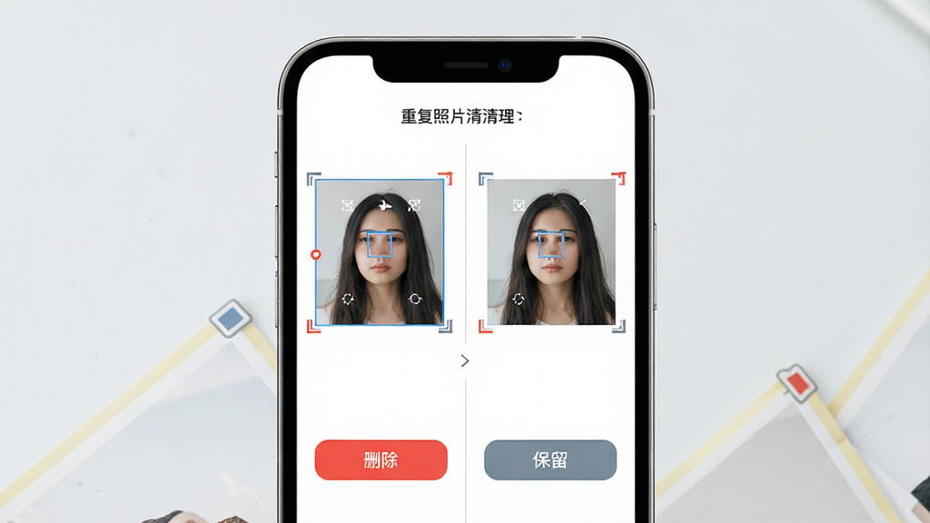 手机照片相册管家重复照片清理界面,画面中央是手机屏幕,屏幕上显示两组相似照片对比,带有“删除”“保留”按钮,布局为左右对比式,排版清晰,风格为现代简约风,细节上照片带有选框和标记符号,背景为浅灰色,画质高清,画面干净,无多余元素
