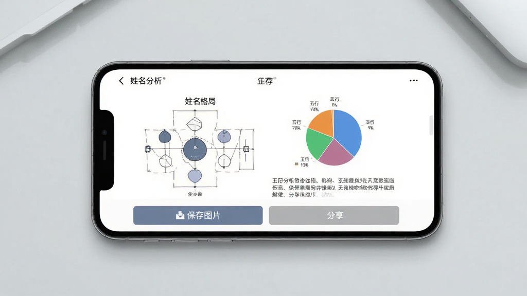 一张展示图风灵水分析报告导出功能的图片,画面中一部手机横屏展示姓名分析报告页面,报告包含姓名格局图、五行分布饼状图与文字解读,页面底部有“保存图片”和“分享”按钮,背景为淡灰色桌面,风格简约现代,画质清晰,干净,无多余元素