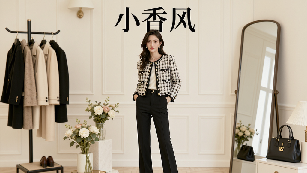 一张展示小香风穿搭风格的竖版海报,画面主体是一位身穿粗花呢小香风外套搭配黑色直筒裤的女性模特,背景是简洁的米白色法式室内场景,左侧是衣帽架与鲜花装饰,右侧是全身镜与手袋摆件,排版采用杂志封面式构图,顶部居中放置「小香风」应用名称文字,整体风格优雅清新,画质高清干净,无多余元素