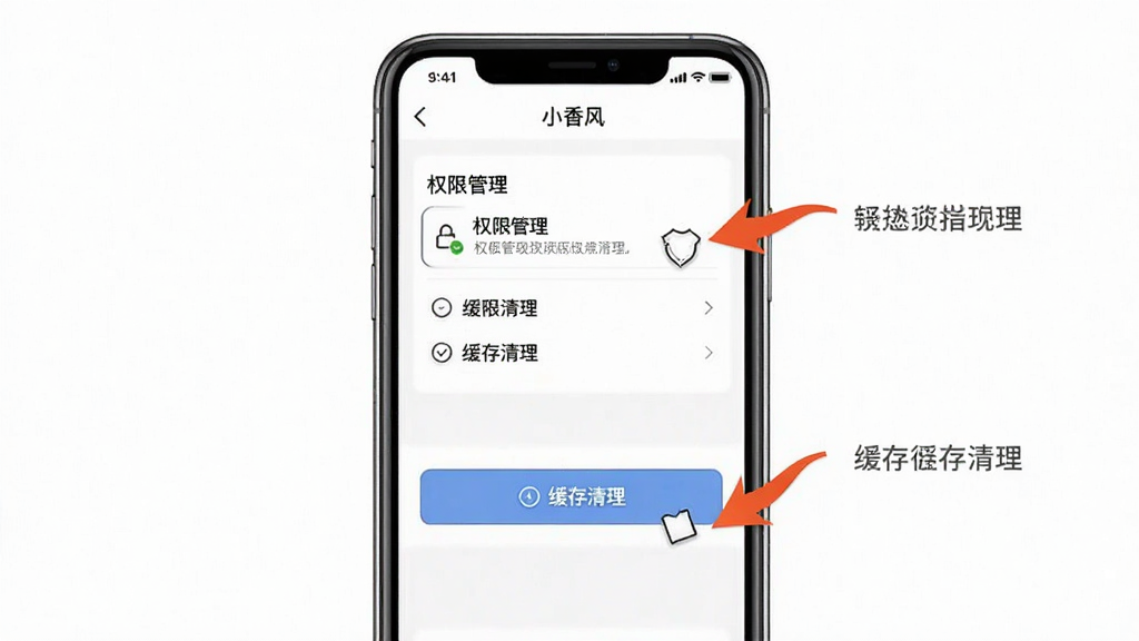一张手机应用操作指引图,画面主体是手机屏幕显示「小香风」应用的设置页面,布局为上下结构,上方是权限管理选项、下方是缓存清理按钮,风格简洁明了,细节处带有箭头标注操作步骤,画质清晰干净,无多余元素