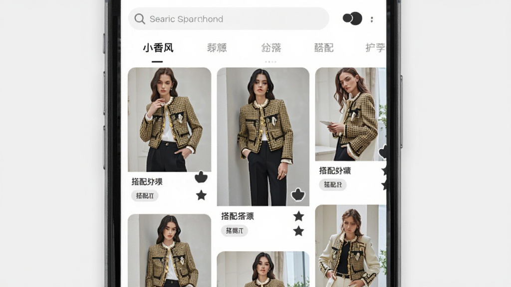 一款名为「小香风」的手机应用界面展示图,画面主体是手机屏幕中显示穿搭灵感瀑布流页面,多张身穿小香风外套的女性模特卡片整齐排列,布局采用上下分层结构,顶部是搜索栏和分类标签,风格现代简约,细节处可见卡片带有收藏按钮和搭配标签,画质清晰干净,无多余元素