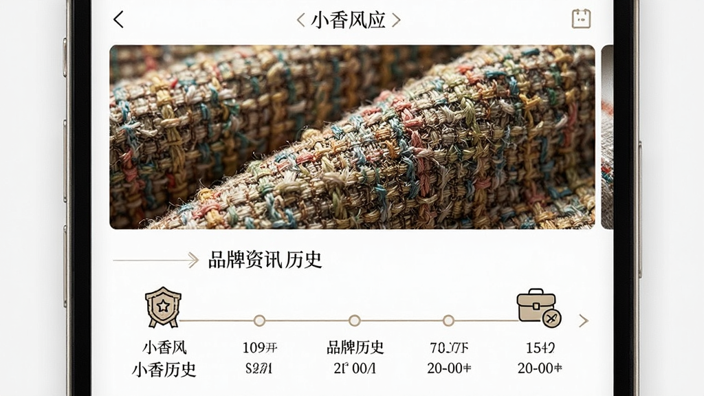 一张信息图风格的画面,展示「小香风」应用中的品牌资讯页面,画面主体是手机屏幕内呈现粗花呢面料特写与品牌历史时间线,布局为上方大图下方文字说明,风格优雅知性,细节包括面料纹理清晰可见、时间线节点带有图标标注,画质高清干净,无多余元素