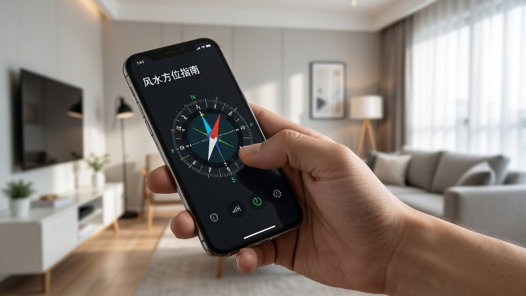 风水方位指南针手机操作示意图,主体为一只手拿着手机在房间内测量方位,手机屏幕显示罗盘界面,背景为现代家居环境,布局为斜侧视角,排版自然,风格为生活写实,细节包含手部动作、手机屏幕内容、室内光线,画质高清,干净,无多余元素