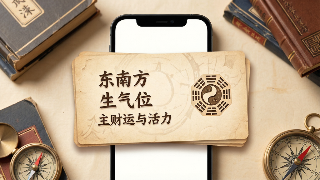 风水方位指南针知识库界面展示,主体为手机屏幕显示一个方位注解卡片,卡片上写有“东南方 生气位 主财运与活力”并配有一个小型的八卦图标,周围有散落的风水书籍与罗盘元素,布局为居中偏下,排版以卡片为核心,风格为温暖纸质质感,细节包含文字排版、图标设计、柔和阴影,画质高清,干净,无多余元素